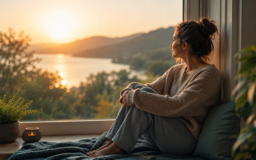 Frau sitzt entspannt und zufrieden allein am Fenster und blickt auf einen See im Sonnenuntergang - die Angst vor dem Alleinsein ueberwinden