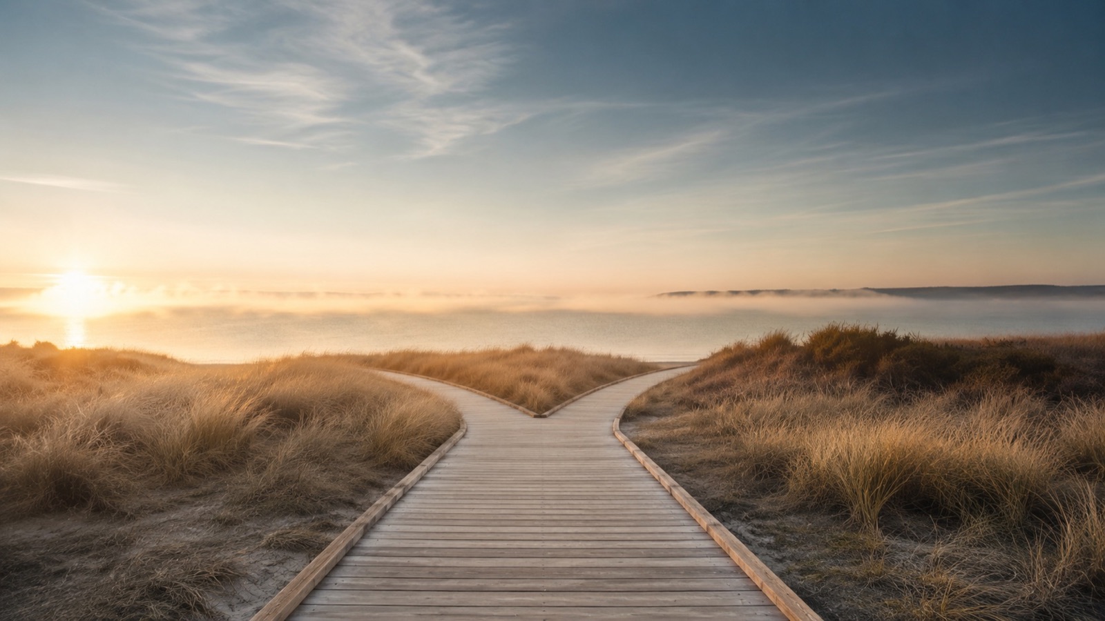 Heller Holzsteg an der Ostsee, der sich bei Sonnenaufgang in zwei Wege gabelt – Sinnbild für die Entscheidung zwischen Coaching und Therapie