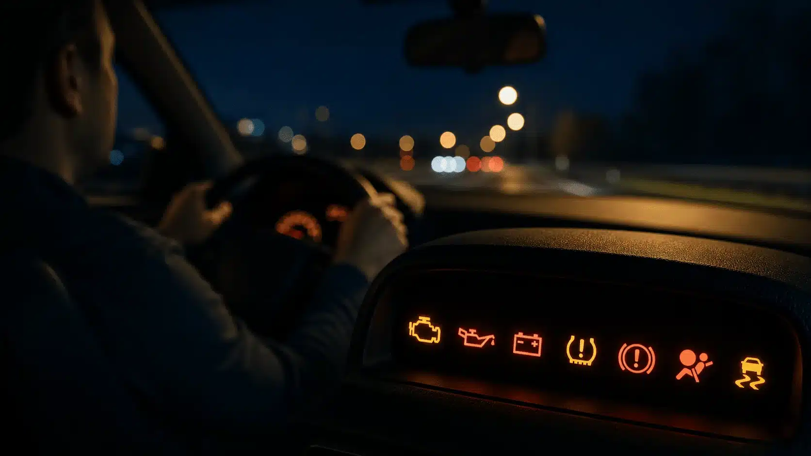 Warnsignale bei Burnout ignorieren: leuchtende Warnleuchten im Armaturenbrett während der Fahrt als Metapher