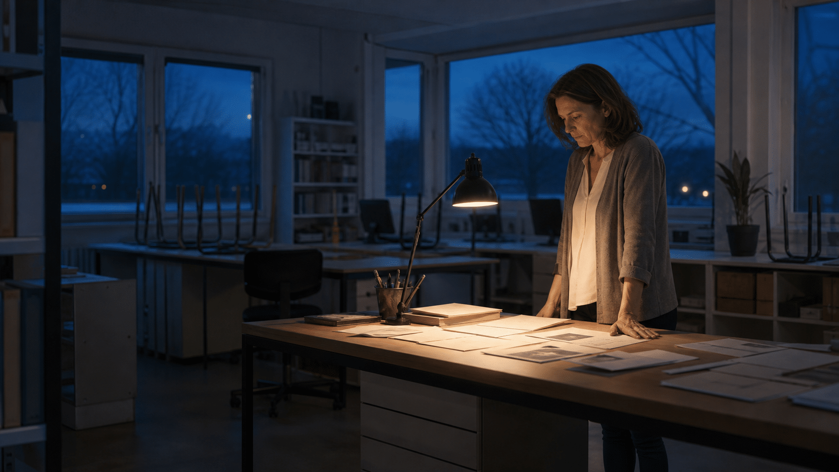 Erschöpfungsdepression bei Selbstständigen: Unternehmerin steht abends allein im leeren Büro über ihren Unterlagen