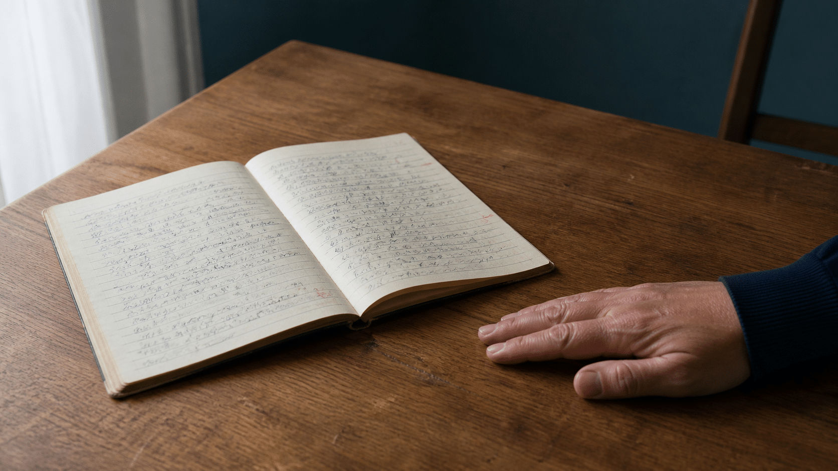 Woher der innere Kritiker kommt: ein altes, dicht handbeschriebenes Heft auf einem Holztisch, daneben eine ruhende Hand