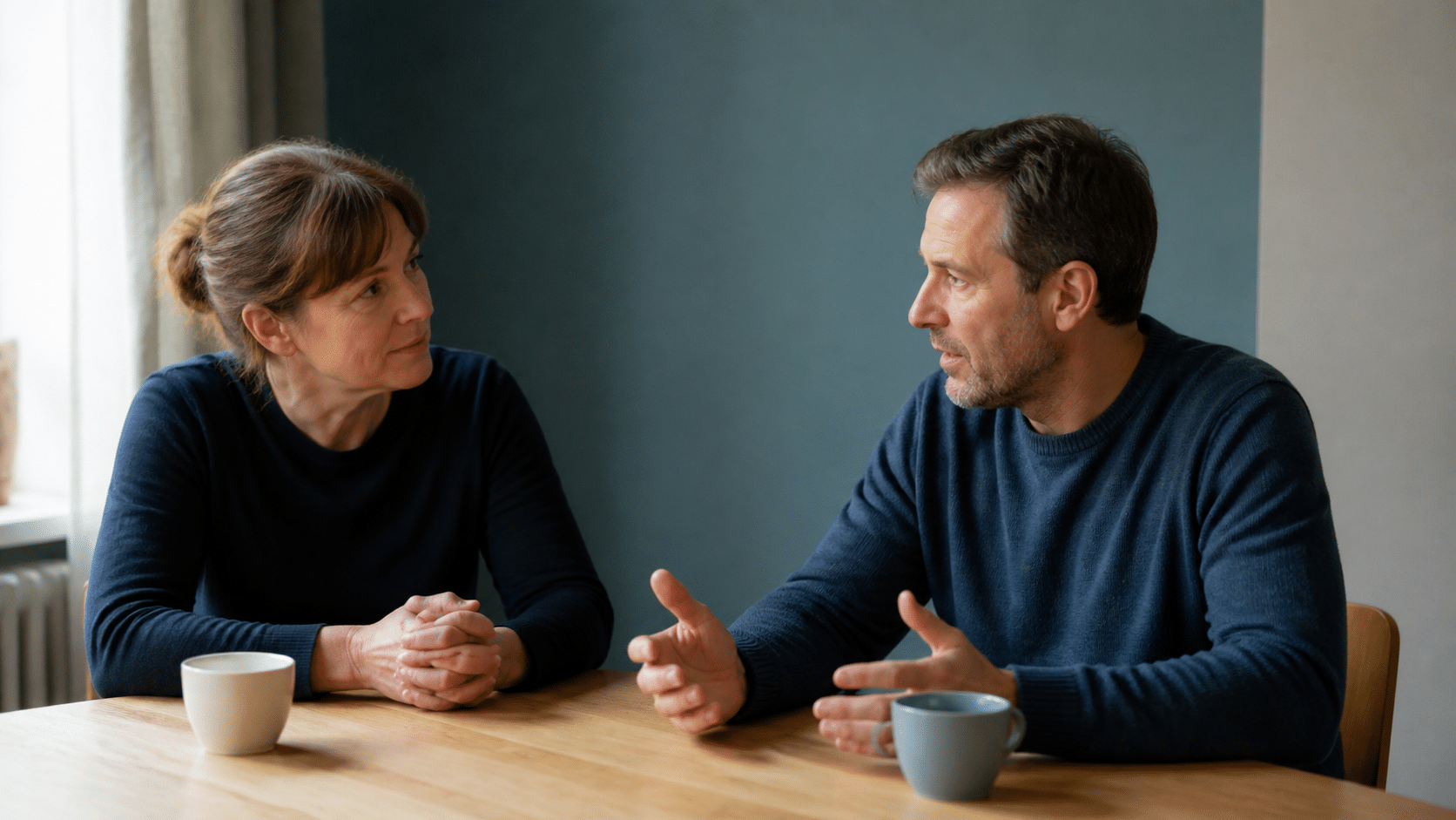 Scham verliert an Kraft, wenn sie ausgesprochen wird: zwei Menschen im ruhigen Gespräch an einem Tisch