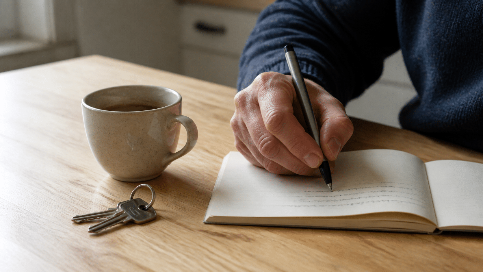 Selbstmitgefühl-Übung: Hand schreibt am Küchentisch einen kurzen Satz in ein Notizbuch, daneben Kaffee und Schlüssel